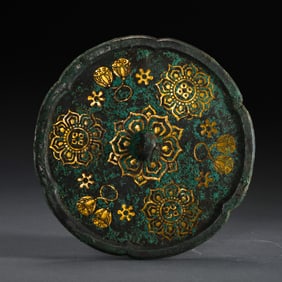 7th-10th century bronze mirror inlaid with gold flower pattern, Tang Dynasty