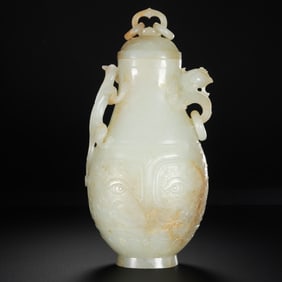 qing dynasty Hotan white jade animal face dragon ring ear cap bottle