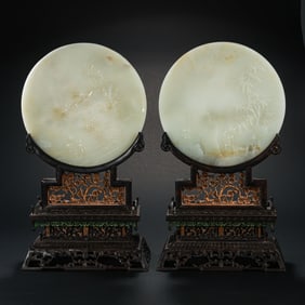 a pair of qing dynasty rosewood inlaid and white jade insert screens