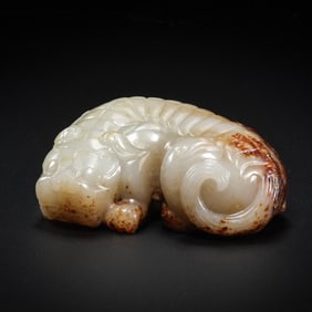 White jade and red qin lying beast, 1st to 3rd centuries, Han Dynasty