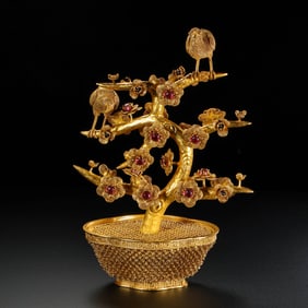 Qing Dynasty gilt silver and precious stone filigree plum blossom bonsai