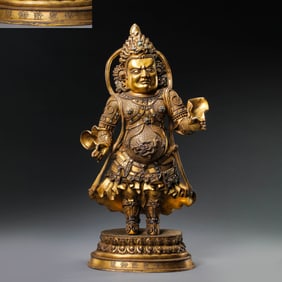 qing dynasty Qianlong period gilt bronze and turquoise standing statue of the God of Wealth
