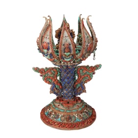 Qing Dynasty Tibetan silver filigree gemstone lotus lamp