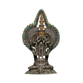 Qing Dynasty Tibetan silver statue of the Thousand-Armed Avalokitesvara