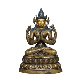 Qing Dynasty gilt bronze four-armed seated Guanyin figure