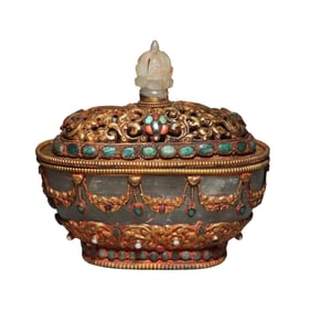 Qing Dynasty gilt bronzer and crystal tureen with inlaid gems