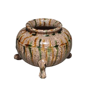 7th to the 10th century tri-colored pottery twisted tire tripod furnace, Tang Dynasty