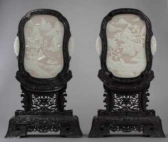 A Pair of Chinese Qing Dynasty Rosewood Inlaid Hotan White Jade Screens