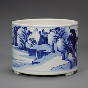 chinese Qing Dynasty blue and white figure story pattern pen holder