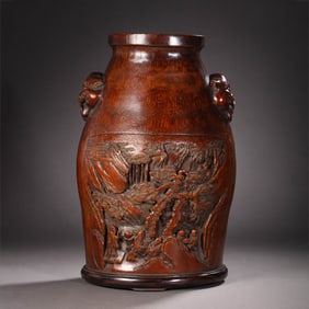 Chinese Qing Dynasty bamboo Double animal ear vase with carved figures and stories