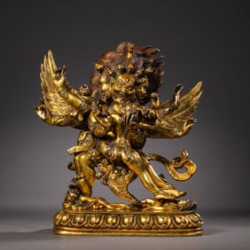 Bronze gilded Mongolian ancient Buddha standing statue from the Qing Dynasty in China