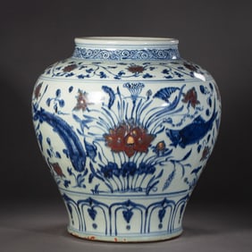 Chinese Ming Dynasty blue and white underglaze red lotus fish pattern jar