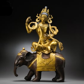 Chinese Qing Dynasty Bronze Gilded Riding Elephant Goddess Sitting Statue