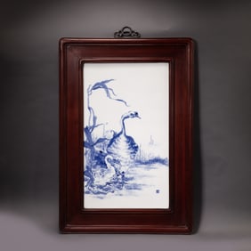 Chinese 20th century art master Wang Bu blue and white porcelain panel painting hanging screen