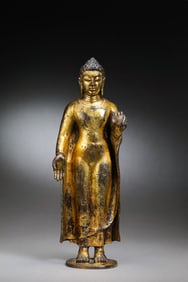 17th century Chinese Maratha style bronze gilded Buddha standing statue