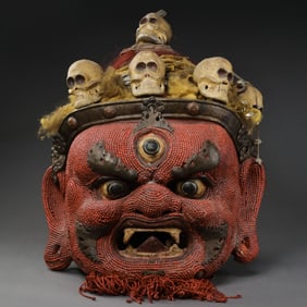 Chinese Qing Dynasty leather inlaid red material pearl Buddha mask
