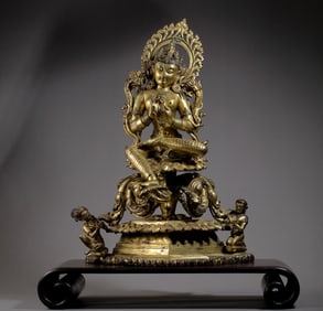 chinese Qing Dynasty Gilded Copper Seated Buddha Statue with Turquoise