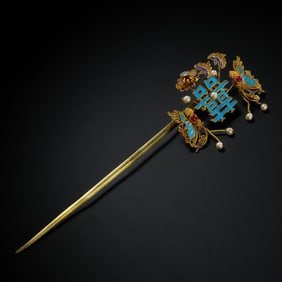 chinese Qing Dynasty Pure Gold Inlaid Jade Hairpin