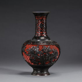 Chinese Qing Dynasty carved red flower patterned long-necked vases