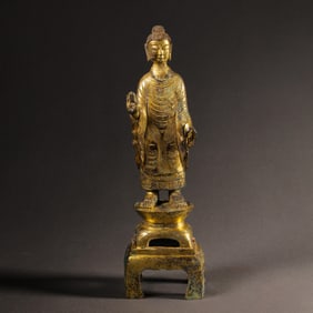 chinese Tang Dynasty Gilded Copper Standing Buddha Statue