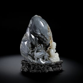 Chinese Qing Dynasty Hetian jade blue and white mountain ornaments