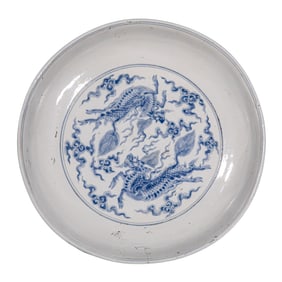 15TH CENTURY A BLUE AND WHITE AUSPICIOUS BEAST PATTERN PLATE FROM THE CHENGHUA PERIOD OF THE MING