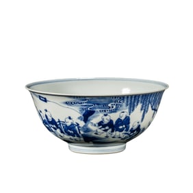 18TH CENTURY, CHINA QING DYNASTY YONGZHENG PERIOD BLUE AND WHITE FIGURE STORY PATTERN BOWL