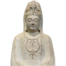7TH-10TH CENTURY, TANG DYNASTY CHINA WHITE MARBLE GUANYIN SEATED STATUE