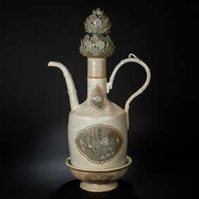 KOREAN GORYEO CELADON BLACK AND WHITE INLAID WINDOWED FLOWER AND BIRD PATTERN POT