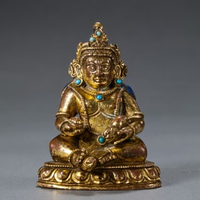 18TH CENTURY, CHINA QING DYNASTY GILT BRONZE INLAID TURQUOISE WEALTH GOD SEATED STATUE