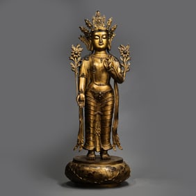 CHINA MING DYNASTY GILT BRONZE BUDDHA STANDING STATUE