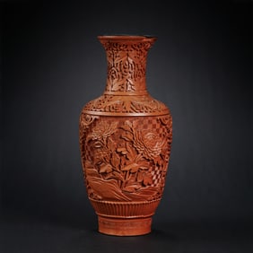 18TH CENTURY, CHINA, QING DYNASTY, CARVED RED FLOWER PATTERN APPRECIATION VASE