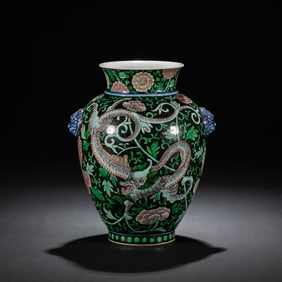 18TH CENTURY, CHINA QING DYNASTY BLACK GROUND GREEN ENAMEL DRAGON PATTERN DOUBLE JAR