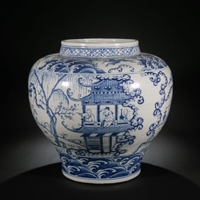 15TH CENTURY, CHINA MING DYNASTY BLUE AND WHITE FIGURE STORY PATTERN JAR