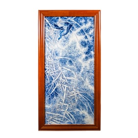 20TH CENTURY, CHINESE BLUE AND WHITE FLOWER AND BIRD PATTERN PORCELAIN PANEL PAINTING HANGING SCREEN