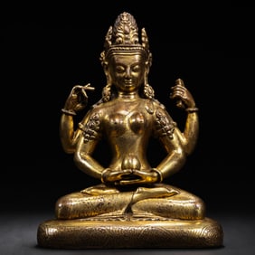 15TH CENTURY, CHINA MING DYNASTY GILT BRONZE BUDDHA SEATED