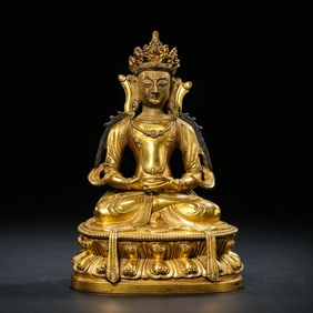 18TH CENTURY, CHINA QING DYNASTY GILT BRONZE BUDDHA SEATED