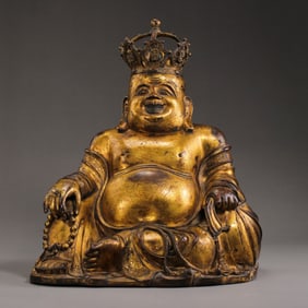 15TH CENTURY, CHINA MING DYNASTY GILT BRONZE MAITREYA BUDDHA SEATED