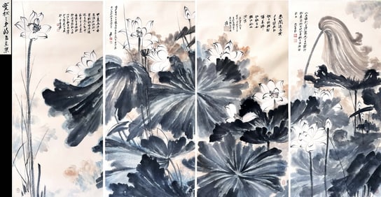 GAOLING PLUM, GAOHUA BROTHERS' OLD COLLECTION - ZHANG DAQIAN LOTUS FOUR SCREENS