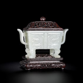 18TH CENTURY, CHINESE QING DYNASTY HOTAN WHITE JADE BEAST FACE PATTERN DOUBLE EAR SQUARE FURNACE
