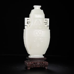 18TH CENTURY, CHINA, QING DYNASTY, HOTAN WHITE JADE BEAST-FACED DOUBLE-EARED COVERED BOTTLE