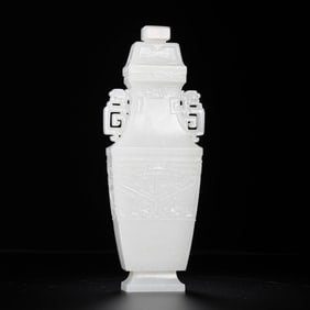 18TH CENTURY, CHINA, QING DYNASTY, HOTAN WHITE JADE BEAST-FACED DOUBLE-EARED COVERED BOTTLE