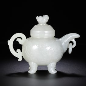 18TH CENTURY, CHINESE QING DYNASTY HETIAN WHITE JADE RING EAR POT