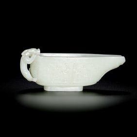 18TH CENTURY, CHINESE QING DYNASTY HETIAN WHITE JADE BEAST FACE DRAGON HANDLE CUP