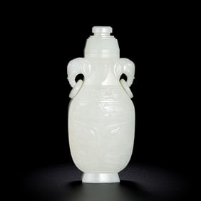 18TH CENTURY, CHINESE QING DYNASTY HETIAN WHITE JADE BEAST FACE DOUBLE RING EAR COVER BOTTLE