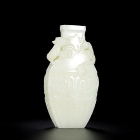 18TH CENTURY HETIAN WHITE JADE BOTTLE WITH ANIMAL FACE AND DRAGON PATTERNS, QING DYNASTY, CHINA