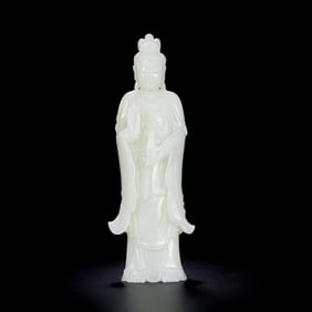18TH CENTURY, CHINA QING DYNASTY HOTAN WHITE JADE STANDING STATUE OF GUANYIN