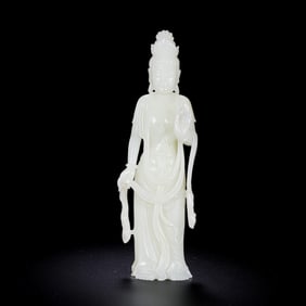 18TH CENTURY, CHINA QING DYNASTY HOTAN WHITE JADE STANDING STATUE OF GUANYIN