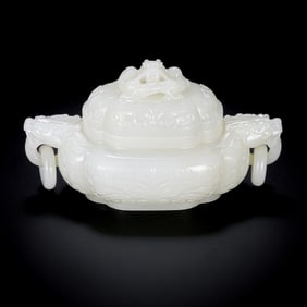 18TH CENTURY, CHINA QING DYNASTY HOTAN WHITE JADE DOUBLE-RINGED LIDDED STOVE