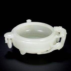18TH CENTURY, CHINA QING DYNASTY HOTAN WHITE JADE RING EAR DRAGON PATTERN THREE-LEGGED STOVE